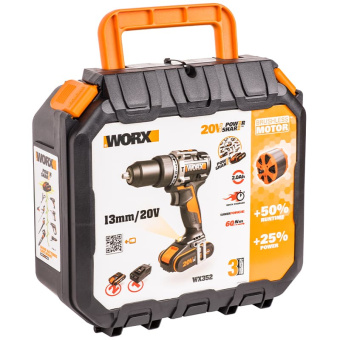 WORX 20V Дрель-шуруповерт ударная аккумуляторная WX352 с 2 АКБ 2Ач, ЗУ 2А, кейс WORX